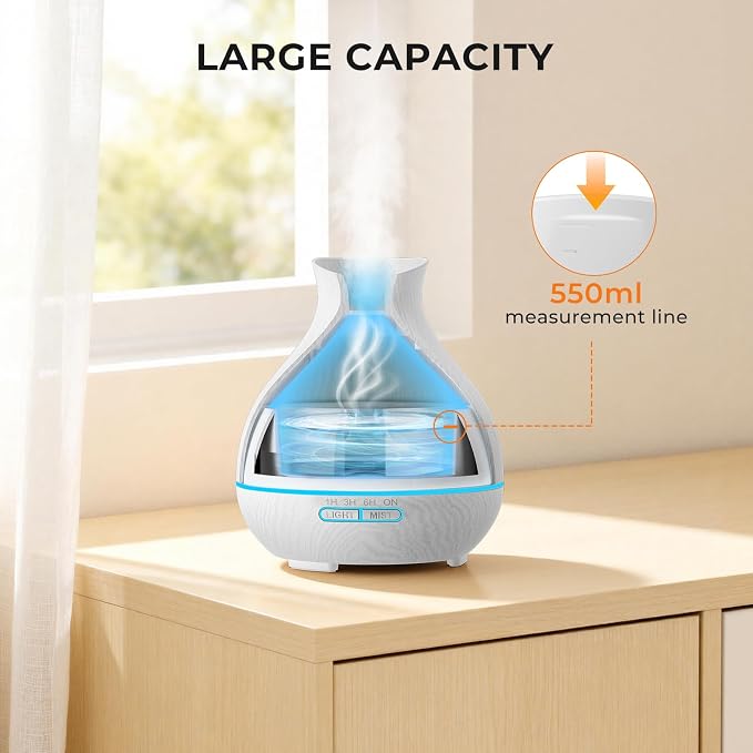Aromatherapy Essential Oil Diffuser 550ml 12 Hours White Wood Grain Aroma Diffuser with Timer for Large Room, Home, Baby Bedroom, Waterless Auto Shut-Off, 7 Colors Lights Changing
