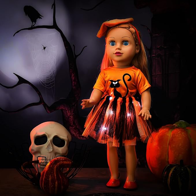 2 Sets Halloween Doll Clothes 18 Inches Girl Doll Halloween Dresses Outfits Shoes Set with Cat and Witch Pattern Costume Tutu Dress Accessories Fits for Most 18 Inches Girl Dolls