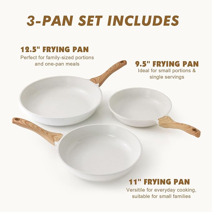 SENSARTE Ceramic Nonstick Frying Pan Skillets, White (9.5+11+12.5 Inch) | Healthy ceramic nontoxic coating, PTFE & PFAS free. Compatible with all stoves including induction cooktops. Easy to clean.