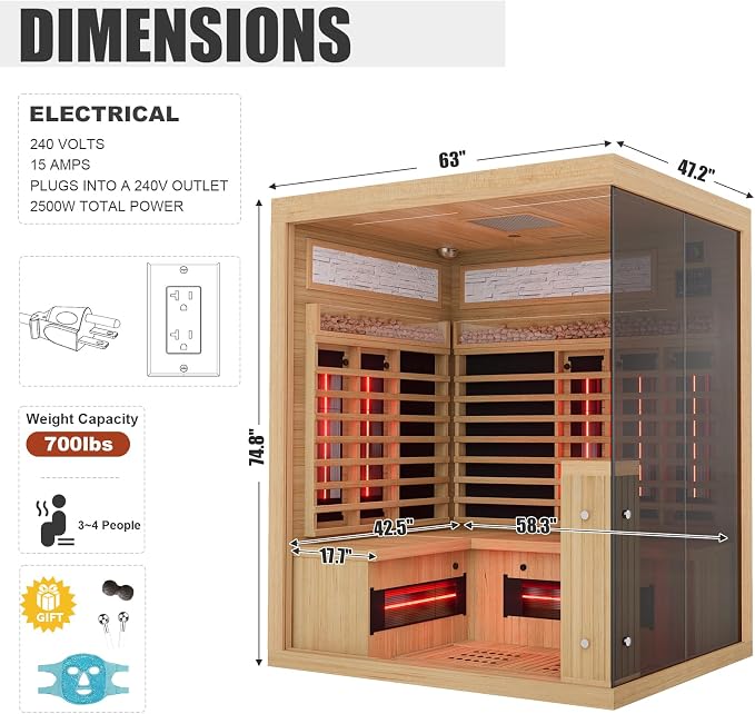 MEISSALIVVE Full Spectrum Infrared Sauna，3-4 Person Home Sauna，Wooden Canadian Hemlock Luxury Indoor Spa Sauna with Resonance Speaker, Panoramic Tempered Glass Door