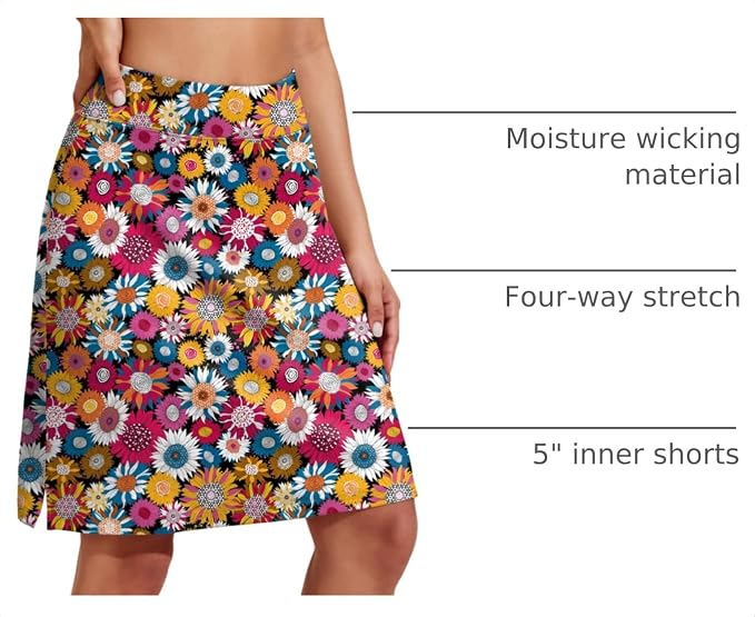 COOrun Women's 20" Knee Length Skirts High Waisted Golf Skorts with Pockets | Soft, Quick Dry, Split Hem, Built-in Shorts, A-line, Modest Skirts, for Golf Athletic Tennis Work Casual
