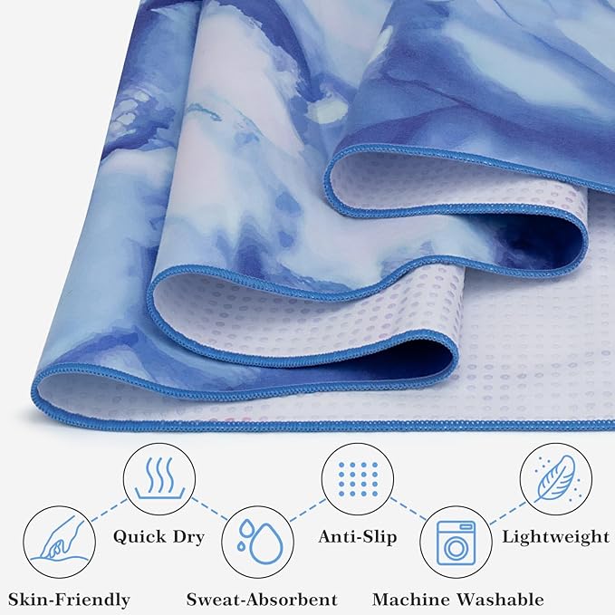 Yoga Towel Hot Yoga Mat Towel with Corner Pockets, 74 x 26 inch, Non-Slip Sweat-Absorbent Soft Microfiber Yoga Blanket for Pilates, Fitness and Workout, Blue