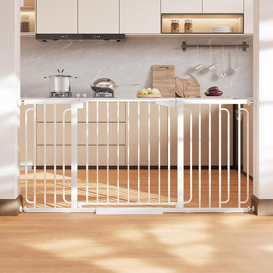 Cumbor 36.6-64" Extra Wide Baby Gate for Stairs, Dog Gates for Doorways, Auto-Close Pet Gate Indoor, Pressure Mounted Walk Through Safety Child Gate for Kids Toddler, Tall Pet Puppy Fence Gate, White