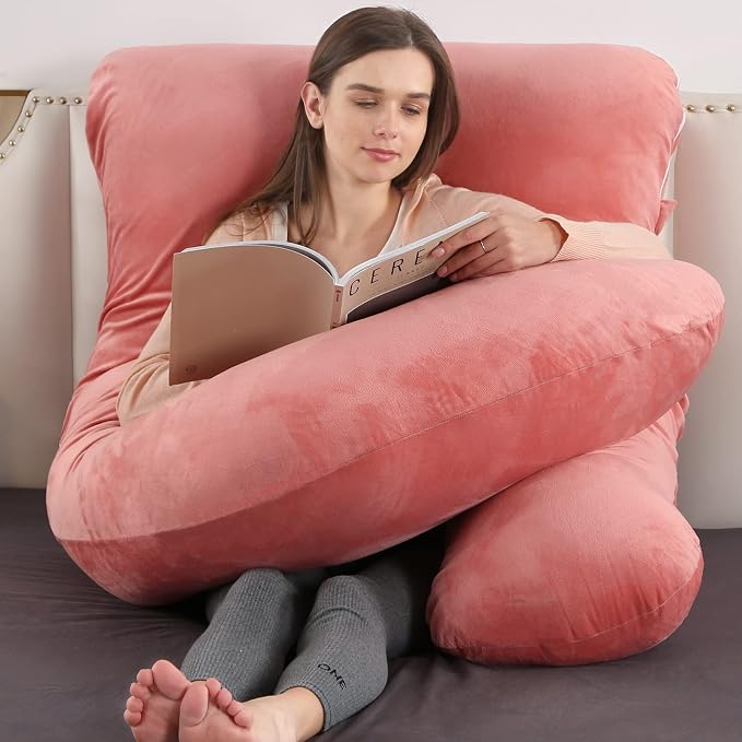 U-Shaped Full Body Pregnancy Pillow for Sleeping – 57" Maternity Pillow with Removable Cover, Support for Back, Legs, Belly & Hips (Velvet -Pink)