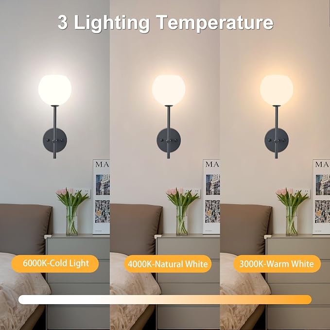 Black Battery Operated Wall Sconces Set of 2, Rechargeable Wireless Wall Lights with Milky White Frosted Glass Shade, 12 RGB and 3CCT Dimmable, Wall Lamps with Remote for Bedroom Living Room Hallway