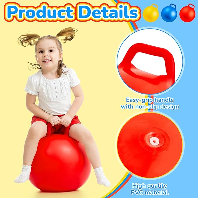 Lewtemi 3 Pcs 18 Inch Inflatable Bouncy Hopper Ball Large Round Jumping Balls with Handles for Kids Hopping Toys for 6 Years Old and Above Children Boy Girl(Yellow, Blue, Red)