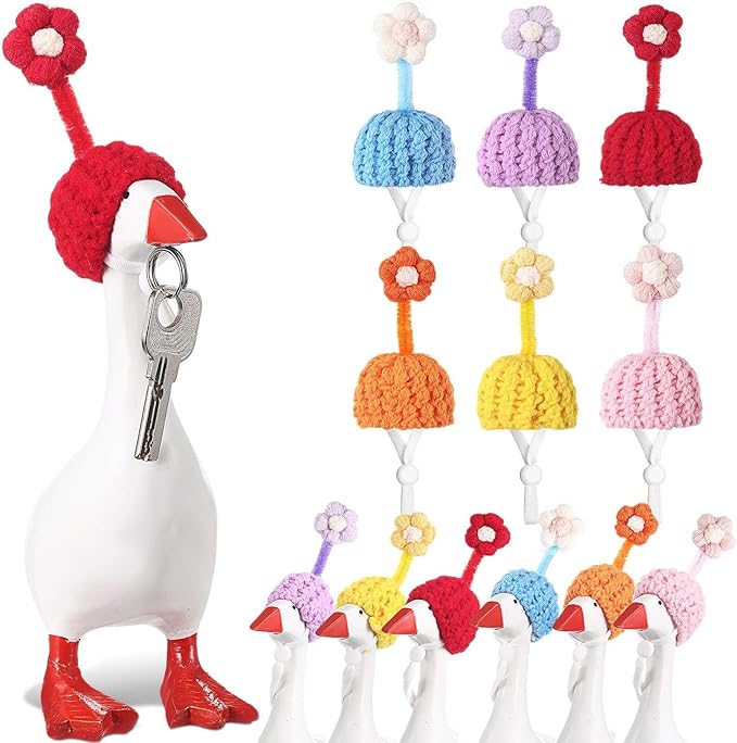 Geyoga 6 Pcs Mini Knitted Hats 7 Inch Goose Outfits Hat with Adjustable Strap Mini Porch Goose Headwear for Statue Key Holder