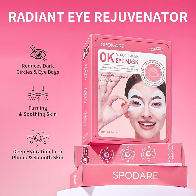 SPODARE OK Shape Eye Masks, 360° Fit Under Eye Patches with Caffeine and Collagen, Firming & Hydrating Eye Mask for Dark Circles and Puffiness, Self Care Gifts for Women - 18 Pairs, Mystery White