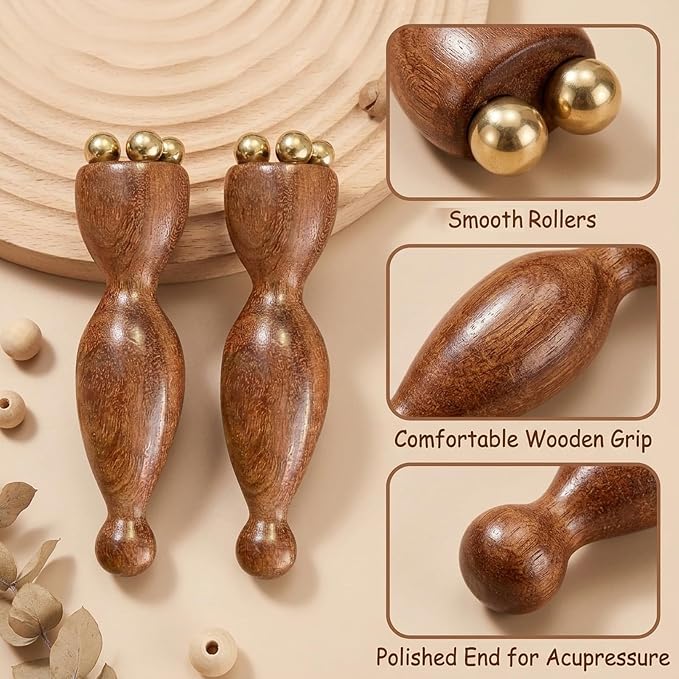 Wood Therapy Massage Tools, Facial Massage Tool with Copper Gua Sha, Eye Massager Tool for Acupressure, Wooden Facial Massage Set, Manual Massage Tools for Face and Head Relief, 2-Piece Massage Kit