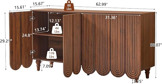 weselon Buffet Cabinet Set of 2, Arched 4-Door Sideboard with Adjustable Shelves, Push-to-Open & Soft-Close Hinges, Solid Wood Legs Storage Cabinet for Coffee Bar TV Console (Walnut)