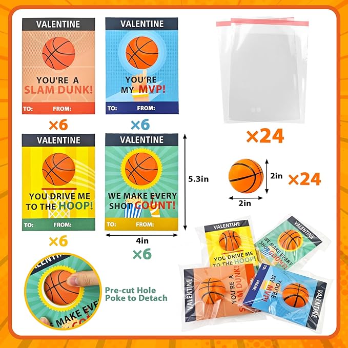 Basketball Valentines Day Cards Gifts for Kids School,24 Pack Mini Foam Sports Basketball Toys W/ Exchange Cards for Toddlers,Valentine Party Favors Goody Bag Stuffers Classroom Treats for Boys Girls