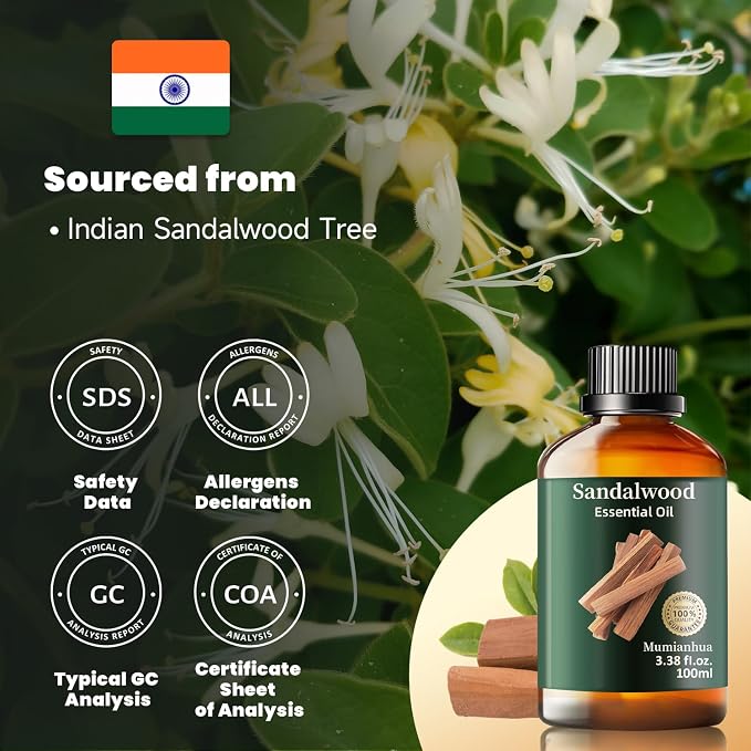 Sandalwood Essential Oil, Woody Scent, Meditation, Diffuser, 3.38 Fl Oz | Mumianhua Sandalwood Oil, Steam-Distilled Earthy Aroma. For Pillow Mist, Skin, DIY, Candle & Evening Diffusion