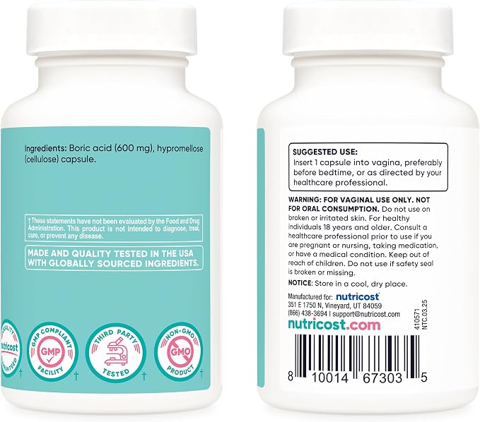 Nutricost Boric Acid 600mg, 30 Capsules - Vaginal Suppository - Non-GMO - for Women (Pack of 3)