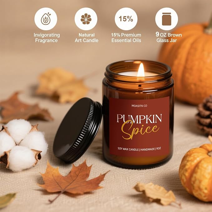 MOASITN Pumpkin Spice Fall Soy Candle for Home Scented| Natural Non Toxic Candles| Long Clean Burning Aromatheraphy Jar Candel for Autumn,Winter,Relaxing|9oz (9oz, Pumpkin Spice Scented)