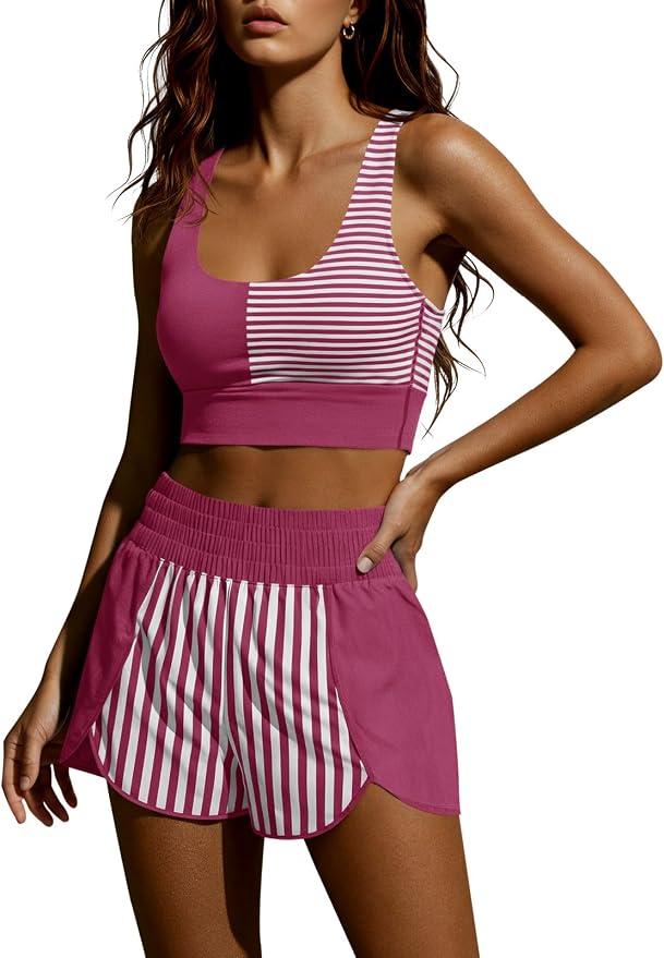 Fisoew Womens Two Piece Workout Outfits Cropped Tank Top Color Block Gym Yoga Athletic Short Sets with Built-in Bra