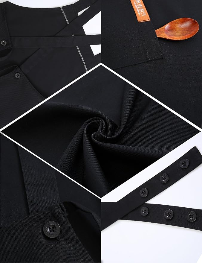NEWGEM 100% Cotton Cross Back Apron for Women with 2 Pockets - Adjustable Button Straps Pinafore, No Neck Pain Kitchen Chef Apron for BBQ Grilling, Professional Stylist (Black)