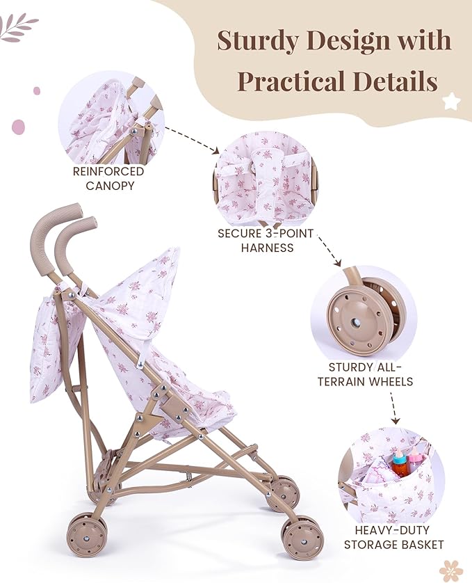 BABESIDE Baby Doll Stroller, Easy-to-Assemble Stroller for 3+ Girls, Includes 5-Piece Baby Doll Playset with Accessories for 12-15 Inch Dolls