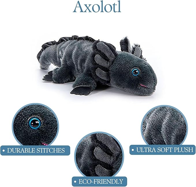 The Petting Zoo Black Axolotl Stuffed Animal Plushie, Gifts for Kids, Scoopz Sealife Animals, Black Salamander Plush Toy, 8 inches