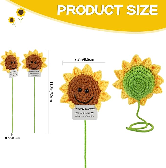 Hoedia Handmade Emotional Pickle Gift, Cucumber Crochet Doll Inspirational Gifts with Cards, Cute Knitted Funny Support Pickle Potato Friend Birthday (Positive Sunflower)