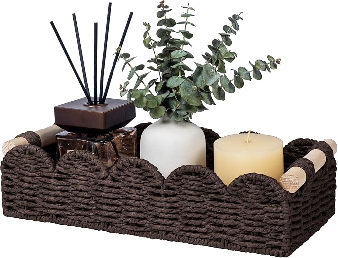 CubesLand Toilet Paper Storage Basket Organizer, Small Wicker Decor Basket | Toilet Tank Top Decorative Basket for Countertop, Handwoven Scalloped Basket W/Handle for Home Decor Living Room, Brown