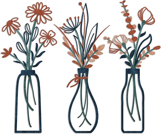 Pigort 3 Pieces Metal Flowers Wall Arts - Rustic Farmhouse Decor Minimalist Flower Wall Decors for Living room Bathroom Bedroom Dining Room-Housewarming Gifts