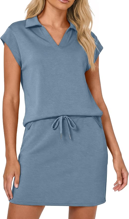 Casly Lamiit Womens Two Piece Skirt Sets Casual Cap Sleeve Lapel V Neck Tops Summer Travel Outfits Short Tennis Skort Set