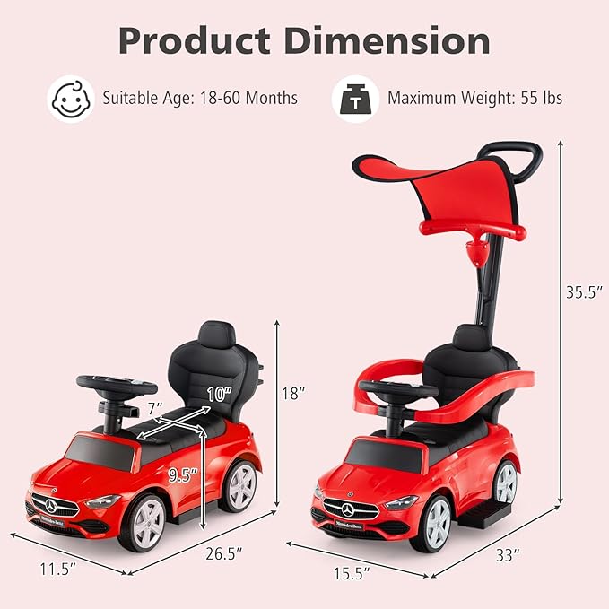 Licensed Mercedes Benz Push Car for Toddlers by INFANS, 3 in 1 Sliding Walking Car with Push Handle, Horn, Music, Underneath Storage, Foot-to-Floor Ride on Toys for Boys Girls, Red