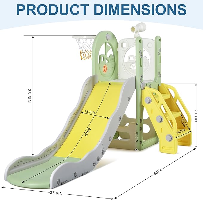 6 in 1 Toddler Playset Toddler Slide and Climber Playset, L-Shaped Kids Slide with Basketball Hoop, Telescope & Storage, Sturdy Indoor Outdoor Playground, for Boys Girls 1-3+