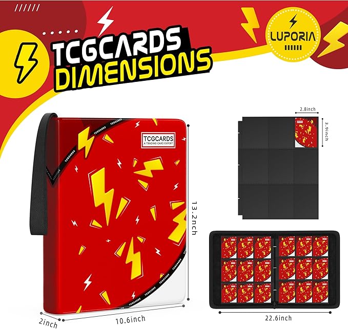 Trading Card Binder 9 Pocket,900 Pocket Card Collection Binder with 50 Removable Sleeves,PU Waterproof Top Card Book,3-Ring Zipper Collectible Trading Card Album for MTG/TCG/Card Holder Gift（Red）