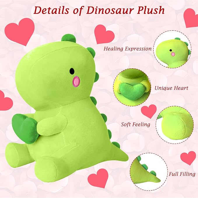 SQEQE Dinosaur Stuffed Animal, Loving Soft Dino Plush Toys with Holding Heart for Valentine Day, Sweet Romantic Anniversary Birthday Gift for Her Girls Boys Girlfriend(Green,12 inch)