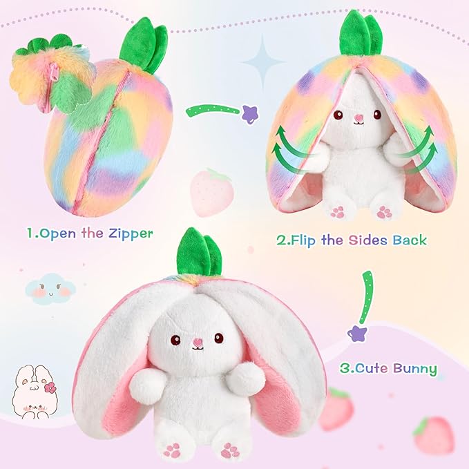 MIAODAM Strawberry Bunny Stuffed Animal, Iridescent & Strawberry Bunny Plush Turn Into Rabbit Fruit Doll, Plushies Funny Bunny Toy for Babies and Kids(10 inch)