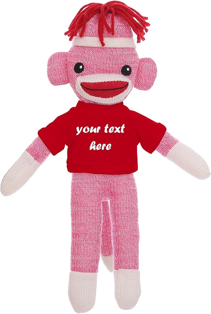 Personalized Huggable Pink Sock Monkey 8 Inch Plush Stuffed Animal Gift - Custom Text on Shirt - Perfect for Valentine's Day, Halloween, Graduation, Birthday Present