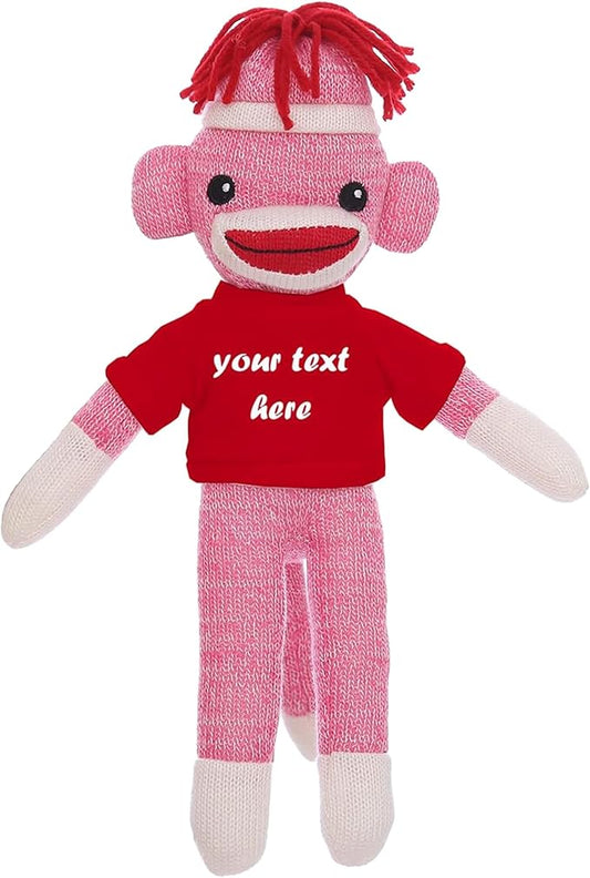 Personalized Huggable Pink Sock Monkey 8 Inch Plush Stuffed Animal Gift - Custom Text on Shirt - Perfect for Valentine's Day, Halloween, Graduation, Birthday Present