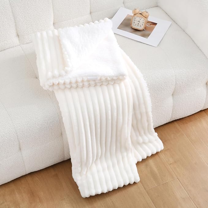 Cream White Sherpa Fleece Throw Blanket 90”×90”for Couch Sofa Bed | Double Side Soft Fuzzy Cozy Plush Thick Flannel Blanket with Striped Design Gift for Adults,Woman