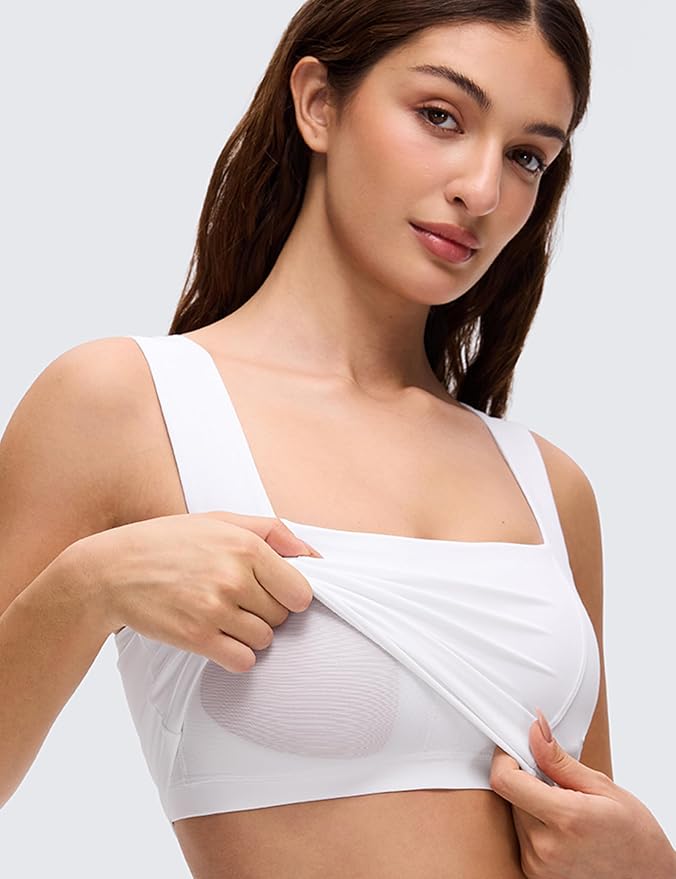 CRZ YOGA Butterluxe Wide Straps Square Neck Crop Tank Tops for Women - Padded Workout Yoga Longline Sports Bras