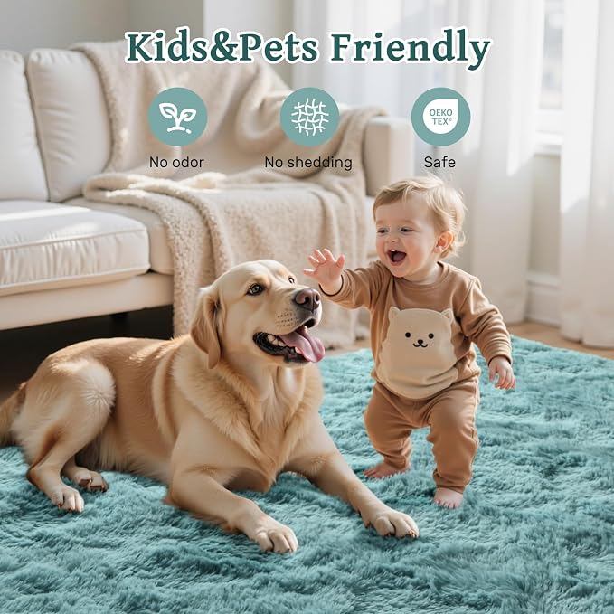 8x10 Area Rugs for Living Room Teal Shag Rugs,Modern Plush Non-Slip Soft Carpets for Bedroom Kids Nursery Dorm Daycare Floor