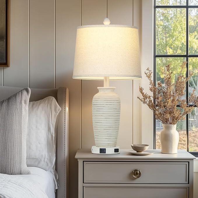 CINSARY 25" Retro White Farmhouse Jar Table Lamps Set of 2, 3 Way Touch Control Rustic Bedside Lamps with USB A+C Ports & AC Outlet, Pot Nightstand Lamps for Bedroom Living Room (LED Bulbs Included)