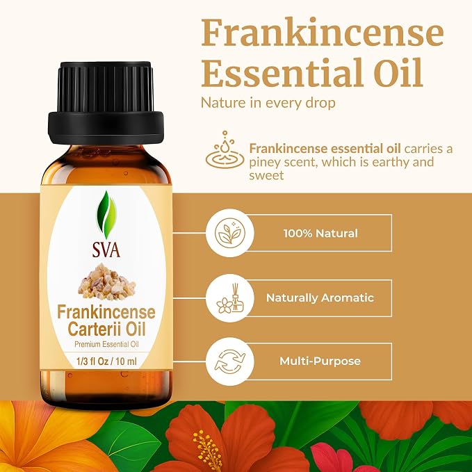 SVA Frankincense Essential Oil – 1/3 Fl Oz – for Diffuser, Skin & Hair Care – Ideal for Massage & DIY Blends – with Dropper