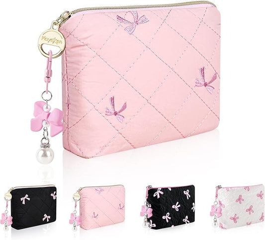 Quilted Mini Makeup Bag, Small Bow Tie Cosmetic Bag for Purse with Keychain, Portable XS Travel Makeup Pouch, Birthday/Wedding/Party/Christmas Gifts (Pink-Pink Bow)