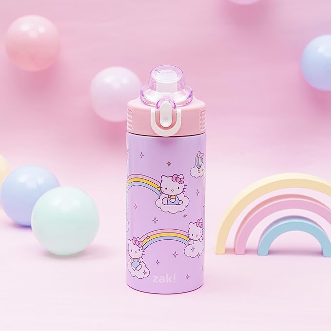 Zak Designs Sanrio Sage Kids Water Bottle For School or Travel, 14oz Stainless Steel Water Bottle With Straw, Handle, and Leak-Proof, Pop-Up Spout Cover (Hello Kitty)