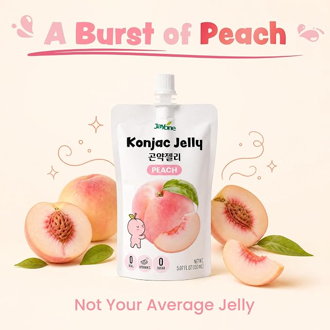 Jayone Drinkable Konjac Jelly Pouch - Peach Flavor, 10 Pack 5.07 fl oz Each - Zero Sugar, Only 7 Calories per Pouch, Halal, Made in Korea