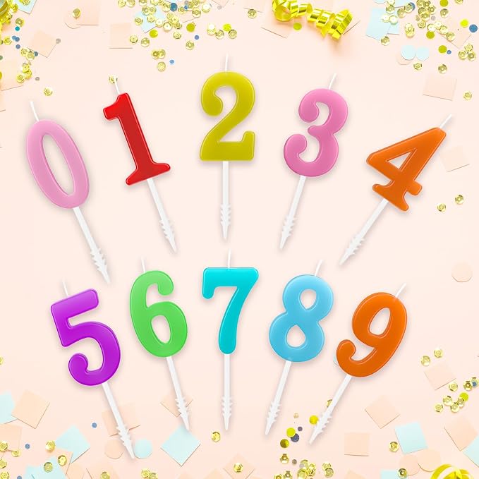 Beanlieve 10-Pieces Numeral Birthday Candles - Cake Numeral Candles Number 0-9 Glitter Cake Topper Decoration for Birthday,Wedding Anniversary,Party Celebration (Colourful)
