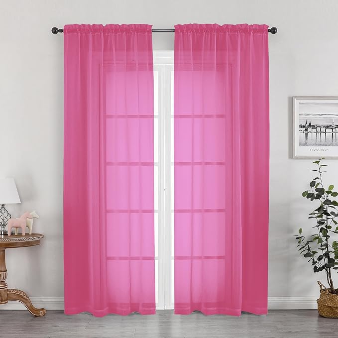 OWENIE Hot Pink Sheer Curtains 84 Inches Long for 2 Panels Set, Solid Light Filtering Voile Sheer Curtains for Living Room Bedroom, Modern Rod Pocket Hot Pink Curtain, 2 Pcs Total 84 Width 84 Long