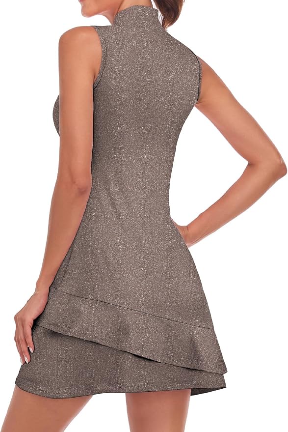 Viracy Tennis Dress for Women Sleeveless Golf Dresses with Shorts and Pockets Ruffle Zip Up Stand Collar Golf Outfits