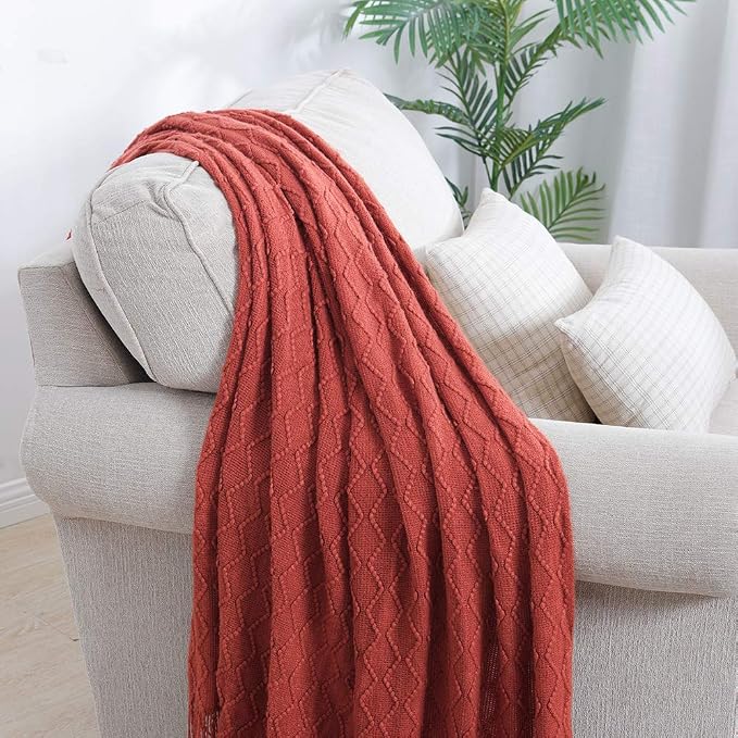 BOURINA Rust Throw Blanket 60x80 Inch Boho Knitted Soft Throw Sofa Blanket | Knitted Throw Blanket 60x80 Inches, Soft Lightweight Boho Weave Throw Decorative Couch Blanket for Living Room Bedroom Chair