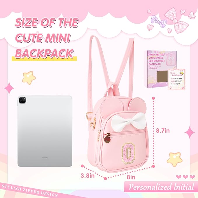 Personalized Toddler Backpack for Girls 3–10, Cute Mini Bowknot Mouse-Ear Toddler Bookbag Crossbody Purse, Small Daypack Wallet Set, Initial Birthday Gift, Trendy Little Kids/Teen Bag(Pink,O)