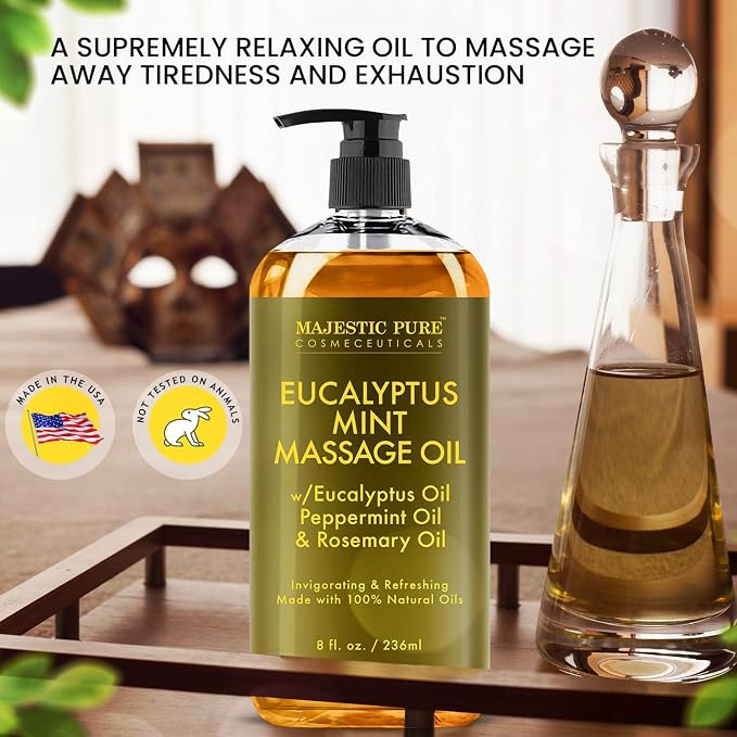 MAJESTIC PURE Coconut Massage Oil (8 oz) and Eucalyptus Mint Massage Oil (8 oz) Bundle