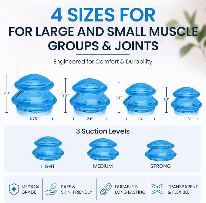 Silicone Cupping Therapy Set Professional Massage Cupping Cups for Cupping Therapy 4 Cup Kit for Massage, Myofascial Release, Cellulite Reduction (Lure Blue)