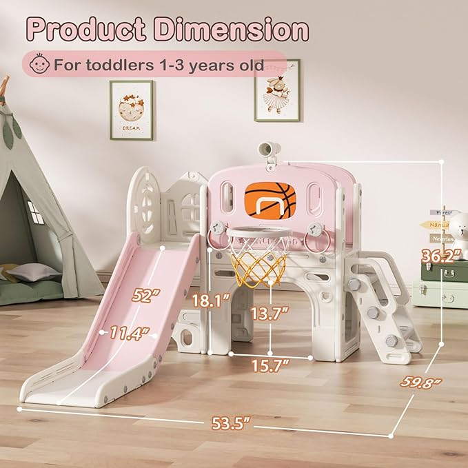 BIERUM 9 in 1 Toddler Slide Set, Baby Slide for Toddlers 1-3 with Ring Toss and Basketball Hoop, Indoor Outdoor Toddler Playset Playground Pink Gray