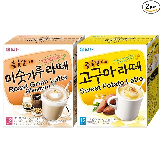 Damtuh Korean Latte Variety Pack – Sweet Potato Latte & Roast Grain Misugaru Latte, Creamy Instant Drink Mix Duo(Pack of 2)